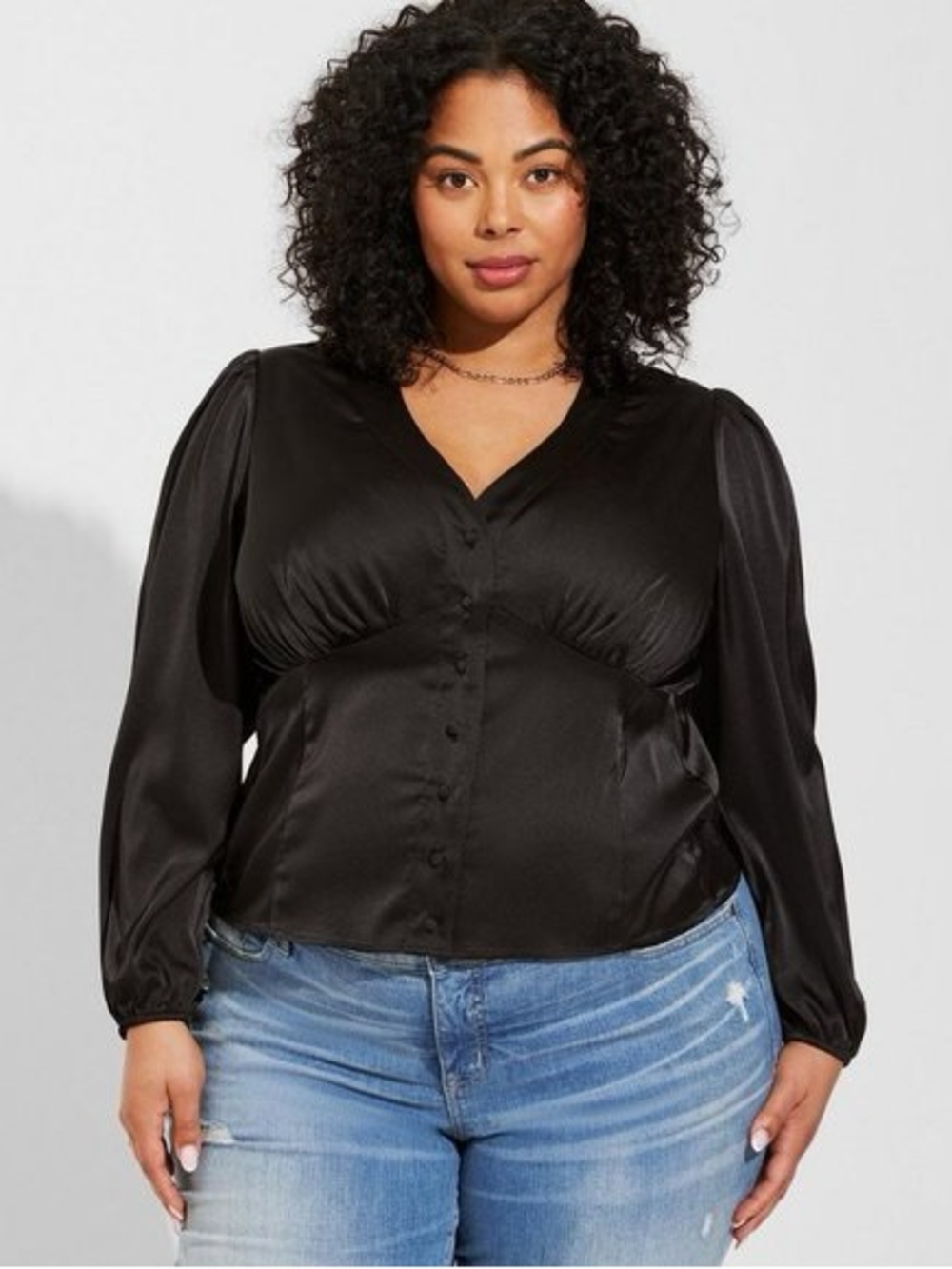 NWT Torrid Satin Button Front Top Deep Black Puff Sleeve 3X 22-24